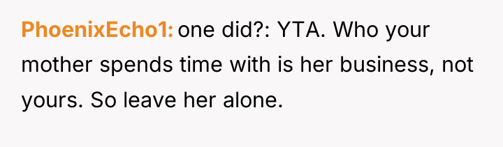PhoenixEcho1 one did?: YTA. Who your mother spends time with...