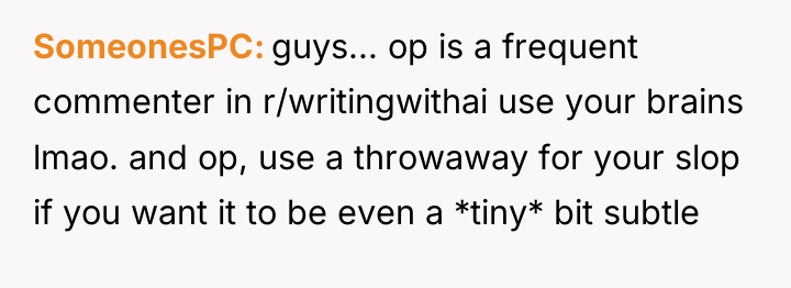 SomeonesPC guys... op is a frequent commenter in r/writingwithai use...