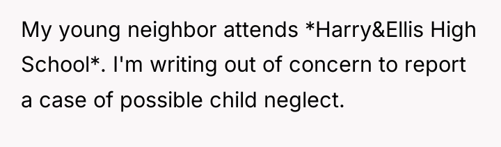 My young neighbor attends *Harry&Ellis High School*. I'm writing out...