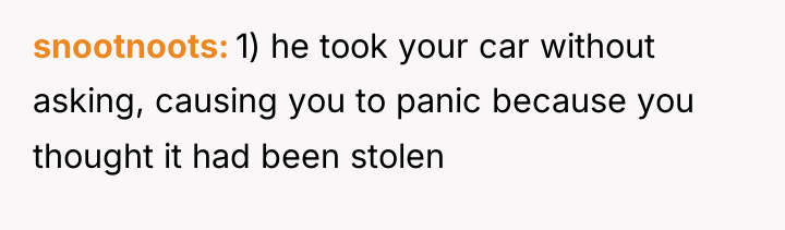 snootnoots 1) he took your car without asking, causing you...