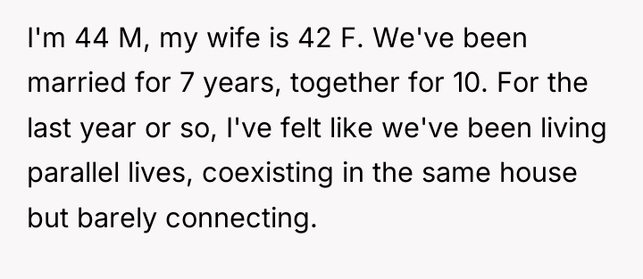 I'm 44 M, my wife is 42 F. We've been...