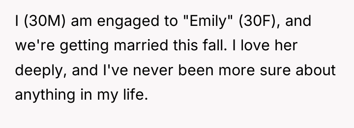 I (30M) am engaged to "Emily" (30F), and we're getting...