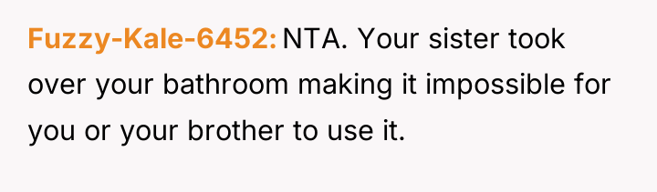Fuzzy-Kale-6452 NTA. Your sister took over your bathroom making it...