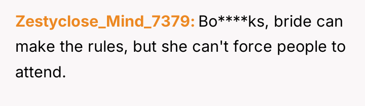 Zestyclose_Mind_7379 Bo****ks, bride can make the rules, but she can't...