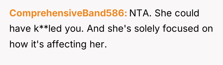 ComprehensiveBand586 NTA. She could have k**led you. And she's solely...