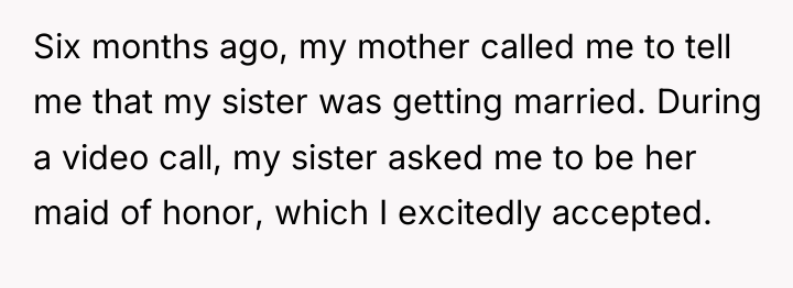 Six months ago, my mother called me to tell me...