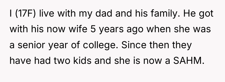 I (17F) live with my dad and his family. He...