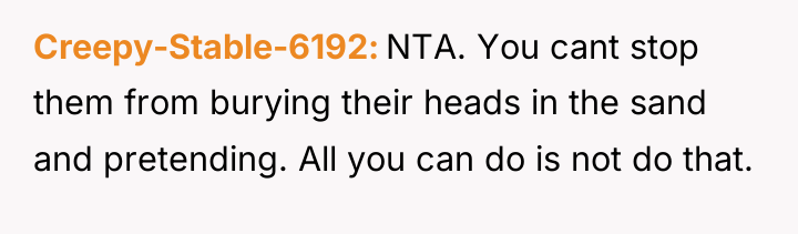 Creepy-Stable-6192 NTA. You cant stop them from burying their heads...