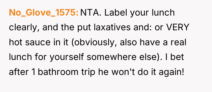 No_Glove_1575 NTA. Label your lunch clearly, and the put laxatives...