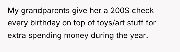 My grandparents give her a 200$ check every birthday on...