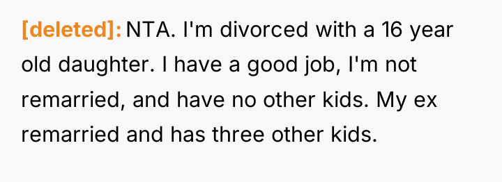 [deleted] NTA. I'm divorced with a 16 year old daughter....