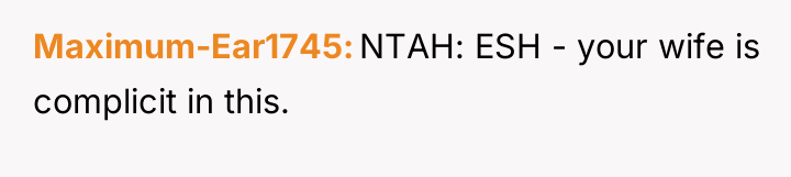 Maximum-Ear1745 NTAH: ESH - your wife is complicit in this.