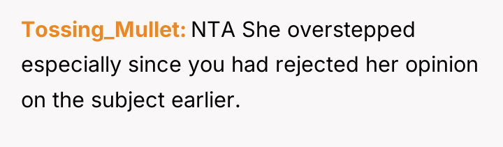 Tossing_Mullet NTA She overstepped especially since you had rejected her...