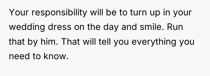 Your responsibility will be to turn up in your wedding...