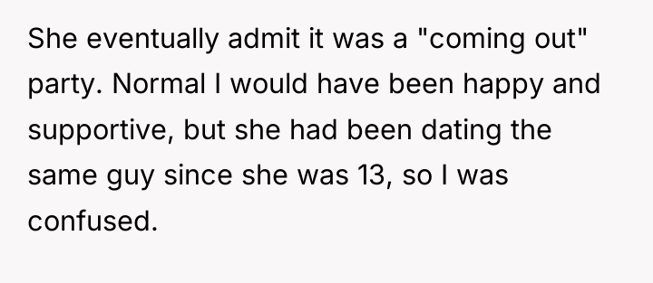 She eventually admit it was a "coming out" party. Normal...