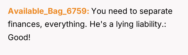Available_Bag_6759 You need to separate finances, everything. He's a lying...