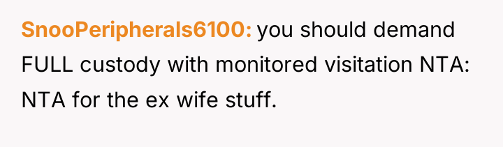 SnooPeripherals6100 you should demand FULL custody with monitored visitation NTA:...