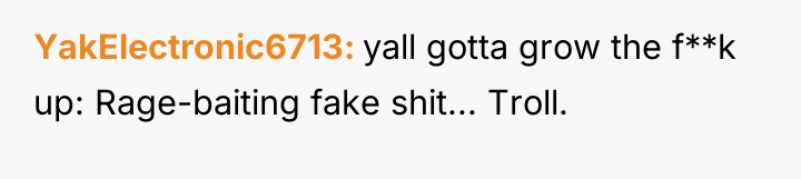 YakElectronic6713 yall gotta grow the f**k up: Rage-baiting fake shit......