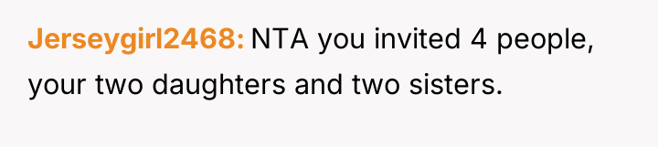 Jerseygirl2468 NTA you invited 4 people, your two daughters and...