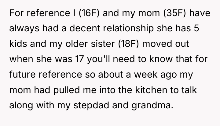 For reference I (16F) and my mom (35F) have always...