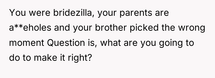 You were bridezilla, your parents are a**eholes and your brother...