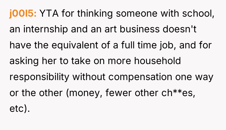 j00l5 YTA for thinking someone with school, an internship and...