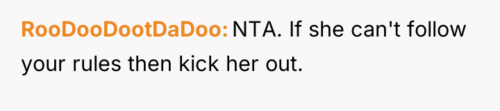 RooDooDootDaDoo NTA. If she can't follow your rules then kick...