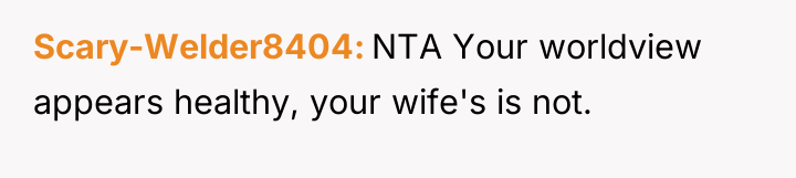 Scary-Welder8404 NTA Your worldview appears healthy, your wife's is not.