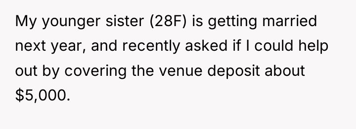 My younger sister (28F) is getting married next year, and...