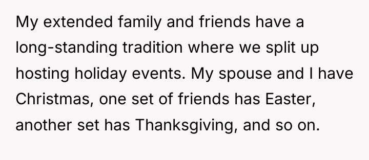My extended family and friends have a long-standing tradition where...