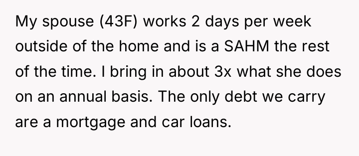 My spouse (43F) works 2 days per week outside of...