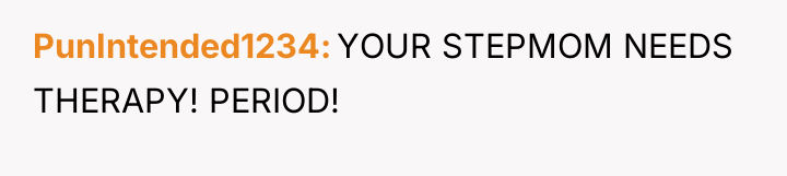 PunIntended1234 YOUR STEPMOM NEEDS THERAPY! PERIOD!