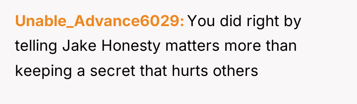 Unable_Advance6029 You did right by telling Jake Honesty matters more...