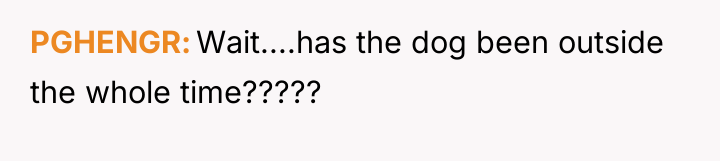 PGHENGR Wait....has the dog been outside the whole time?????