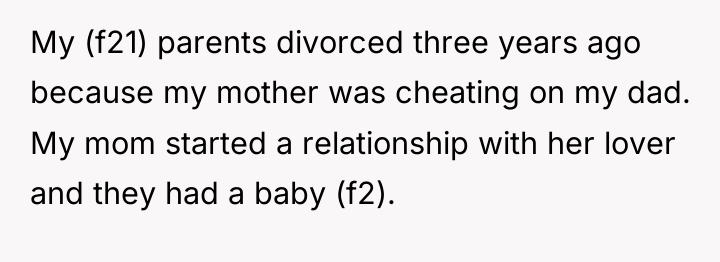 My (f21) parents divorced three years ago because my mother...