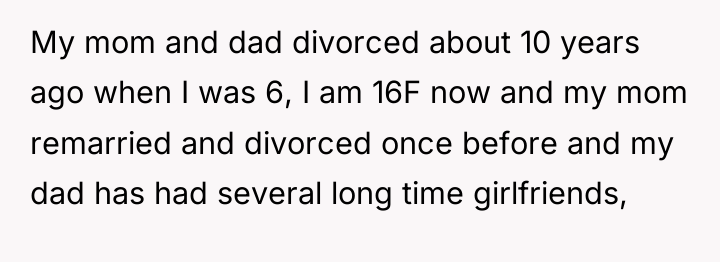 My mom and dad divorced about 10 years ago when...
