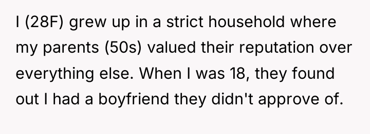 I (28F) grew up in a strict household where my...