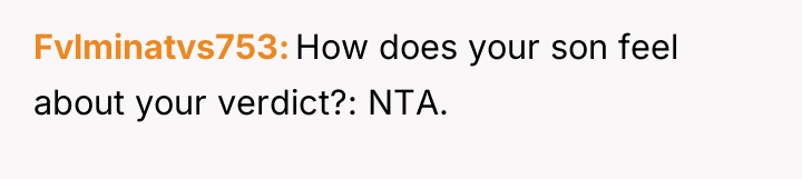 Fvlminatvs753 How does your son feel about your verdict?: NTA.