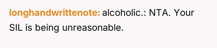 longhandwrittenote alcoholic.: NTA. Your SIL is being unreasonable.