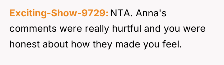 Exciting-Show-9729 NTA. Anna's comments were really hurtful and you were...