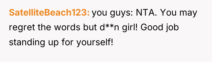SatelliteBeach123 you guys: NTA. You may regret the words but...