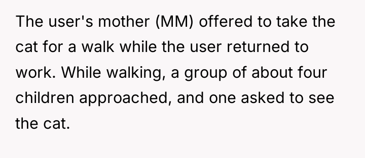 The user's mother (MM) offered to take the cat for...