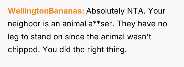 WellingtonBananas Absolutely NTA. Your neighbor is an animal a**ser. They...