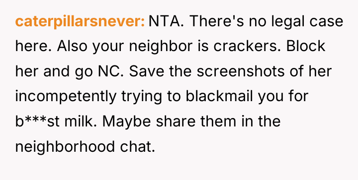 caterpillarsnever NTA. There's no legal case here. Also your neighbor...