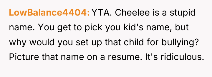 LowBalance4404 YTA. Cheelee is a stupid name. You get to...