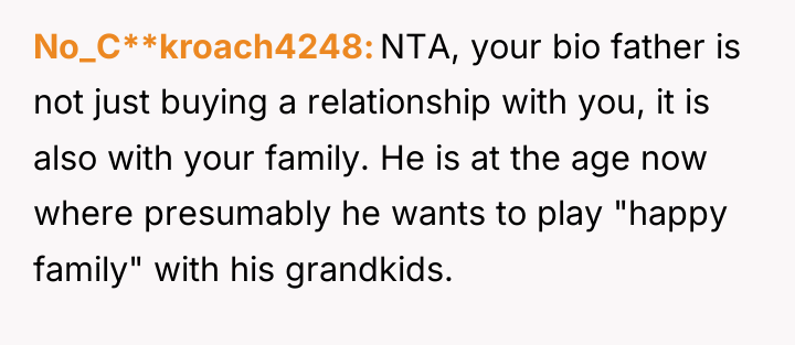 No_C**kroach4248 NTA, your bio father is not just buying a...