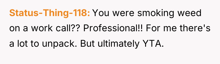Status-Thing-118 You were smoking weed on a work call?? Professional!!...