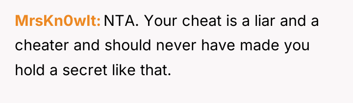 MrsKn0wIt NTA. Your cheat is a liar and a cheater...