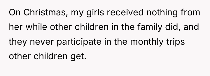On Christmas, my girls received nothing from her while other...
