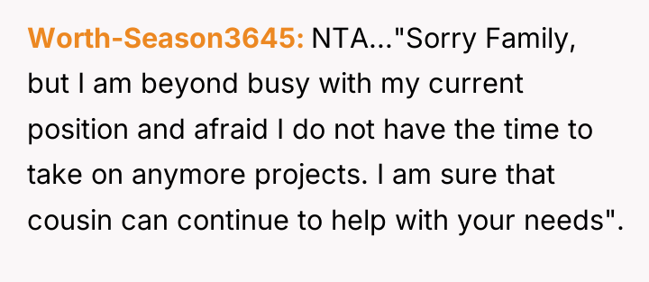 Worth-Season3645 NTA..."Sorry Family, but I am beyond busy with my...